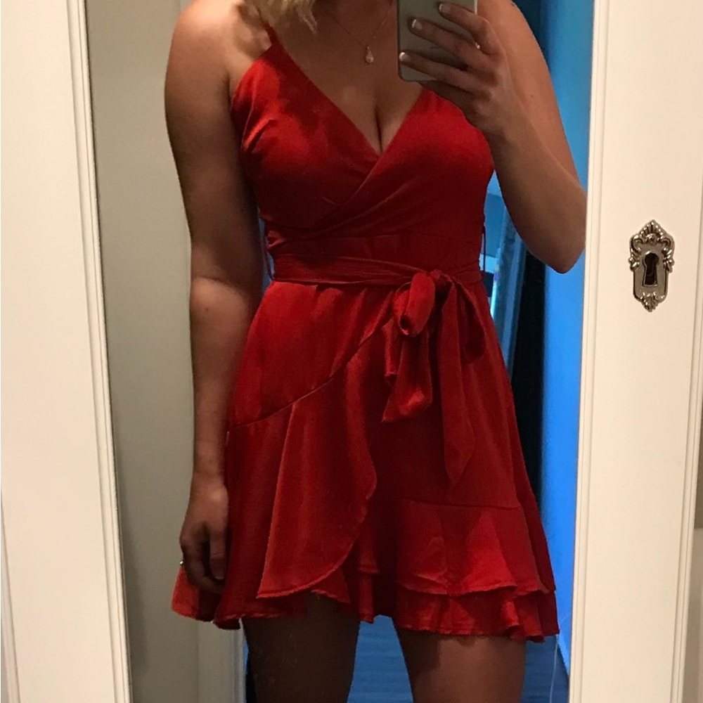Hello Molly Red Wrap-Front Ruffle Mini Dress